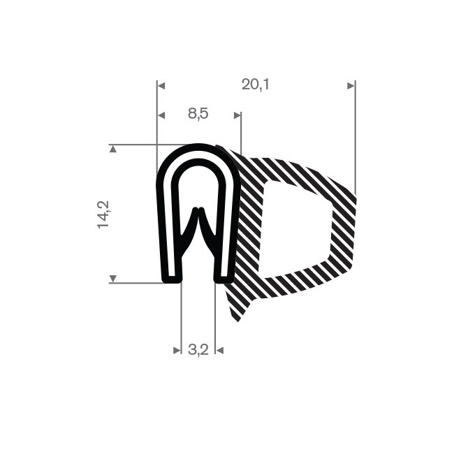 Joint bourrelet mousse/PVC 1,5-3mm / LxH=20,1x14,2mm (L=25m)