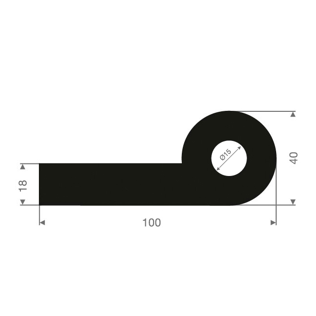 Profilé en P caoutchouc compact LxH=100x40mm (L=15m)