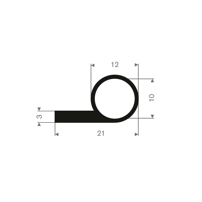 Profilé en P caoutchouc compact LxH=21x12mm (L=50m)