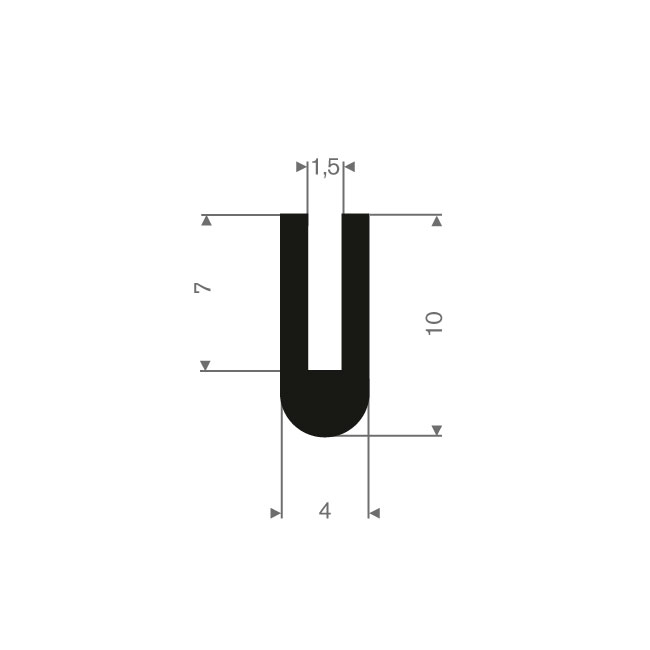 Profilé en U 1,5mm caoutchouc compact LxH= 4x10mm (L=100m)