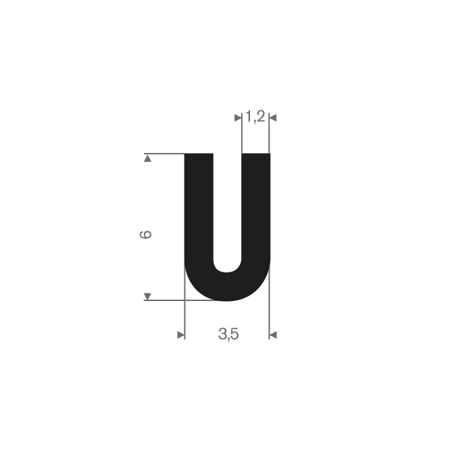 Profilé en U 1mm caoutchouc compact LxH=3,5x6mm (L=100m)