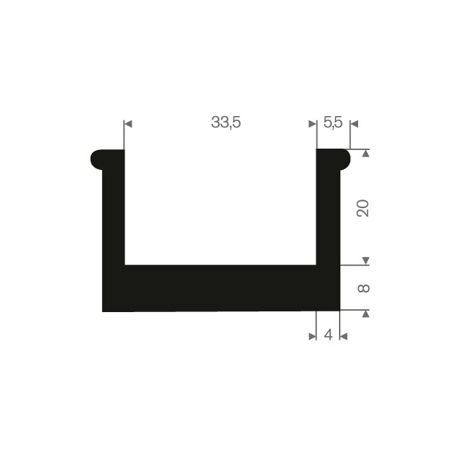 Profilé en U 33,5mm caoutchouc compact LxH=44,5x28mm (L=25m)