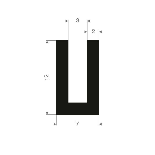Profilé en U 3mm caoutchouc compact LxH=7x12mm (L=50m)