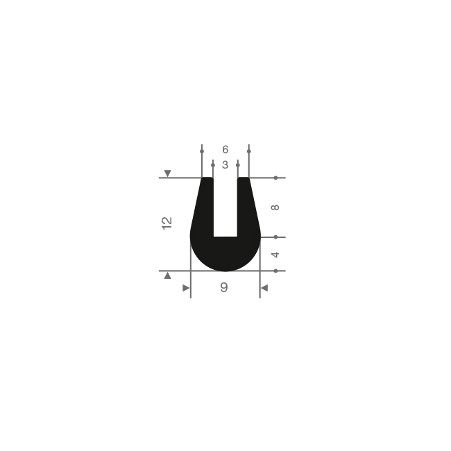 Profilé en U 3mm caoutchouc compact /LxH=9x12mm (L=50m)