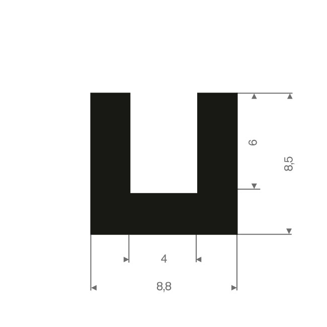 Profilé en U 4mm caoutchouc compact LxH=8,8x8,5mm (L=100m)