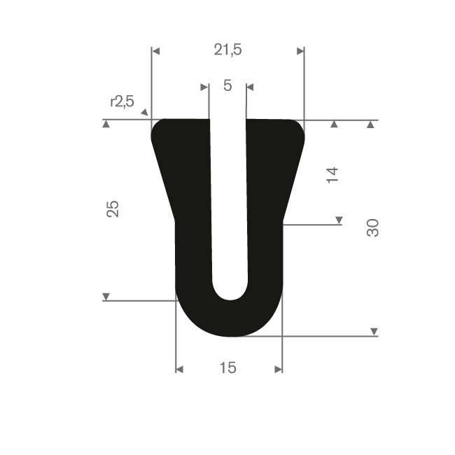 Profilé en U 5mm caoutchouc compact LxH=21,5x30mm (L=50m)