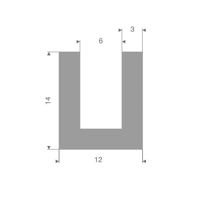 Profilé en U 6mm caoutchouc compact LxH=12x14mm (L=25m)