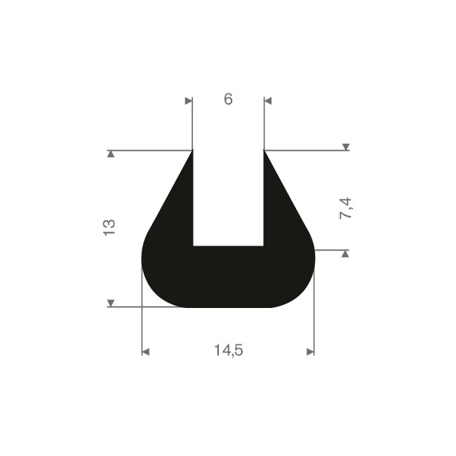 Profilé en U 6mm caoutchouc compact LxH=14,5x13mm (L=50m)