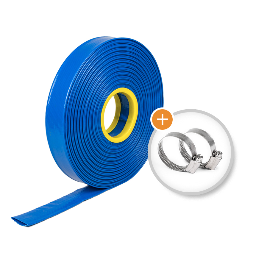 Tuyau d'arrosage plat bleu suprême avec deux collier de serrage D=55mm  (L=50m) de tuyau d'eau plat